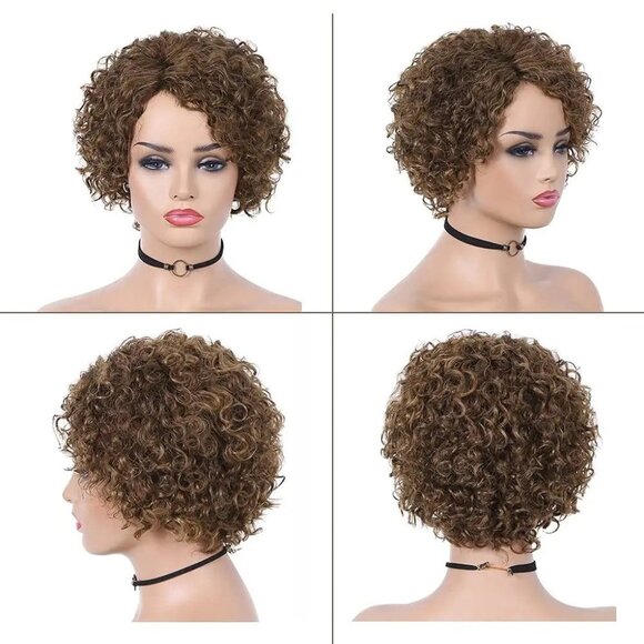 Honey Blonde Curly Human Hair Wigs - Picture 2 of 5